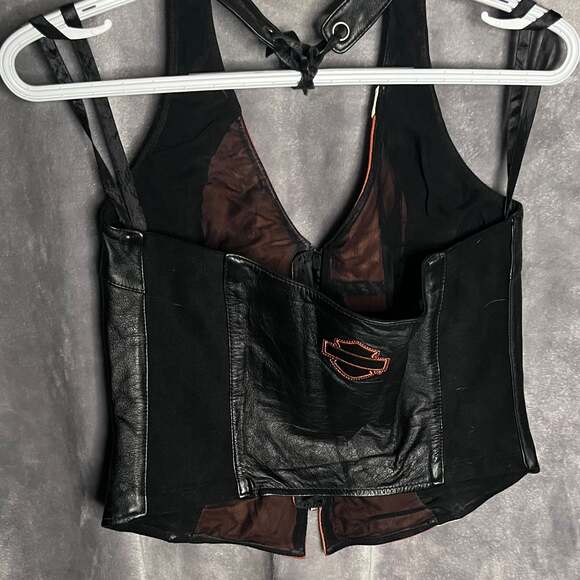Harley-Davidson Leather Halter Top, Orange & Black Biker Vest, Size M - Picture 2 of 4